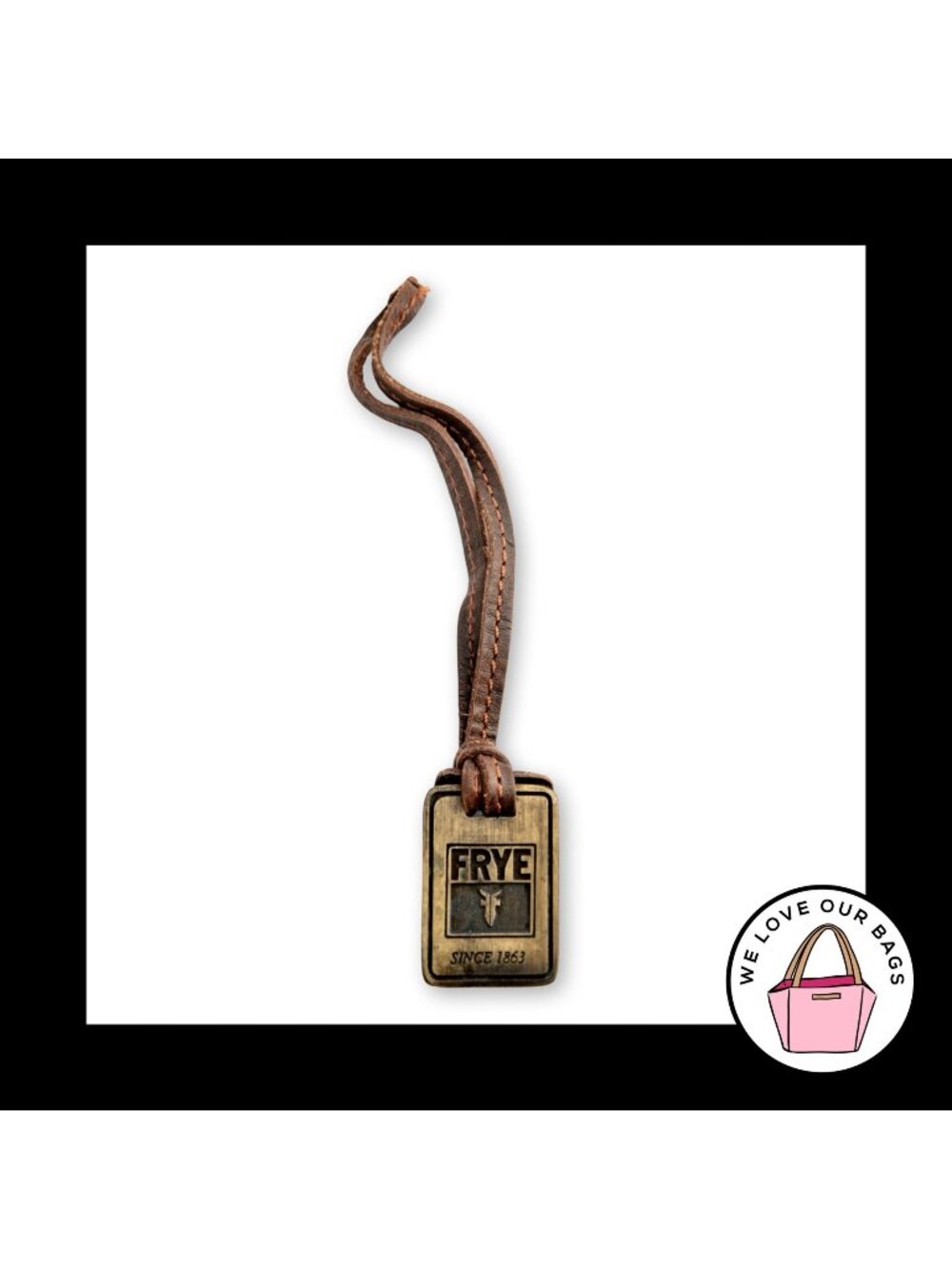 FRYE Gold Brass Metal Brown Leather Strap Loop Bag Charm Hang Tag Keychain Fob